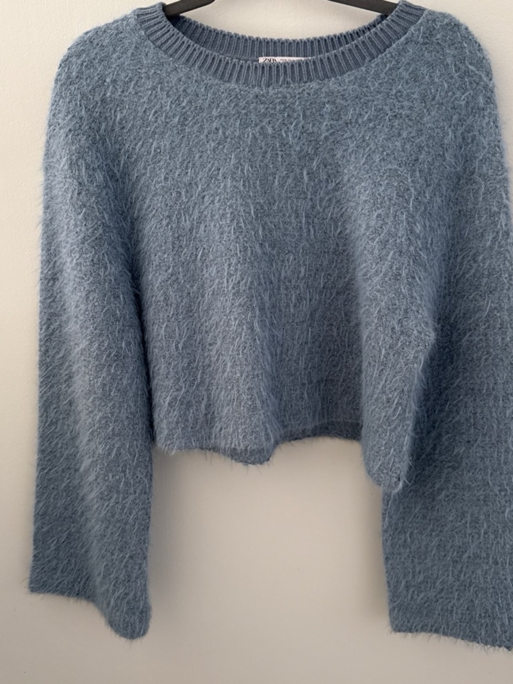 Zara Dusty Blue Fuzzy Cropped Crewneck Sweater